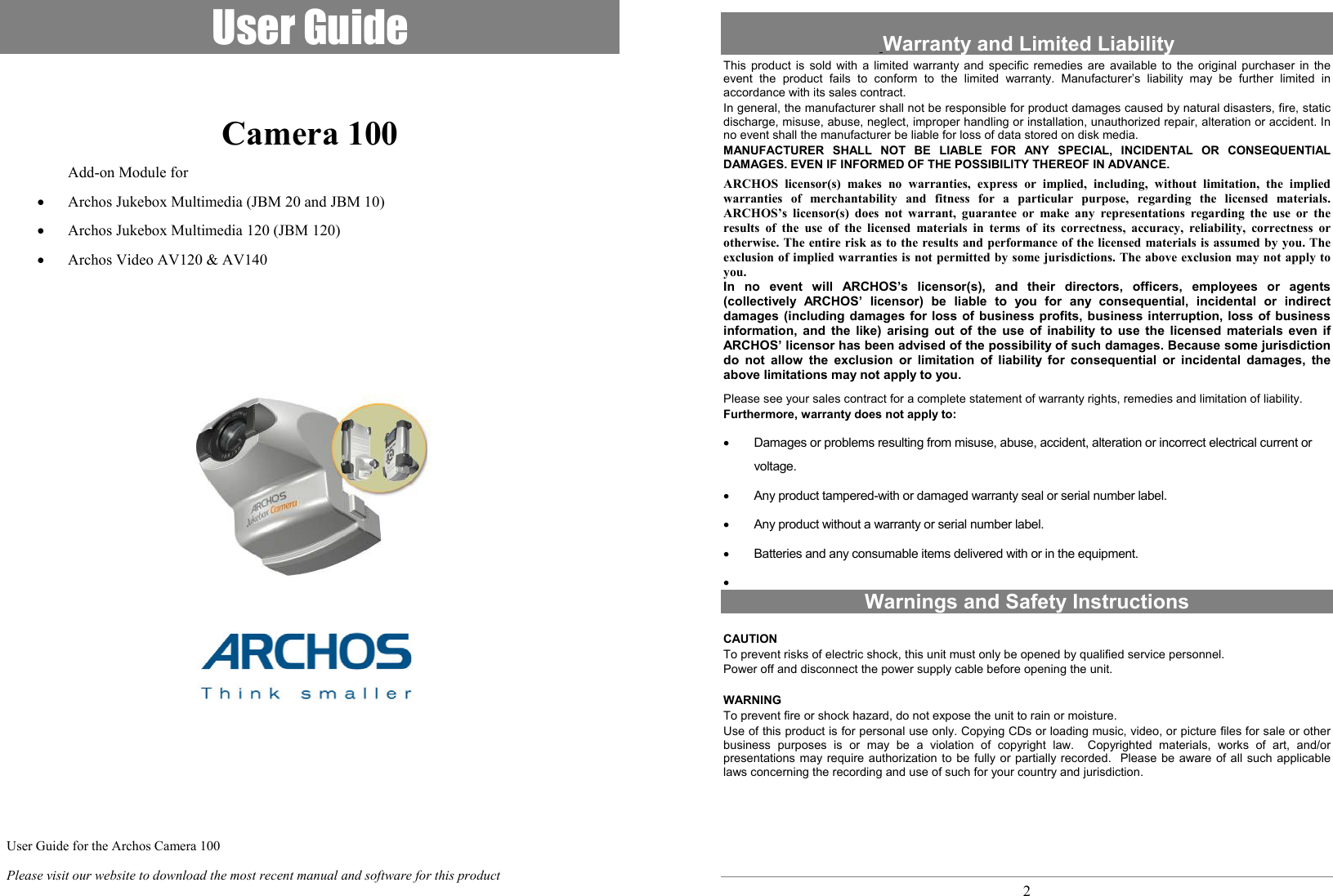 Page 1 of 6 - Archos Archos-Jbm-10-Users-Manual EN_Manual_Camera100_v2