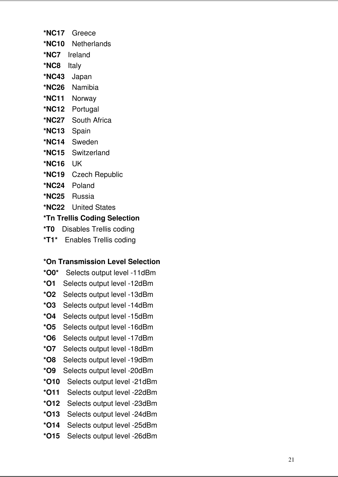 21*NC17  Greece*NC10  Netherlands*NC7  Ireland*NC8  Italy*NC43  Japan*NC26  Namibia*NC11  Norway*NC12  Portugal*NC27  South Africa*NC13  Spain*NC14  Sweden*NC15  Switzerland*NC16  UK*NC19  Czech Republic*NC24  Poland*NC25  Russia*NC22  United States*Tn Trellis Coding Selection*T0  Disables Trellis coding*T1*  Enables Trellis coding*On Transmission Level Selection*O0*  Selects output level -11dBm*O1  Selects output level -12dBm*O2  Selects output level -13dBm*O3  Selects output level -14dBm*O4  Selects output level -15dBm*O5  Selects output level -16dBm*O6  Selects output level -17dBm*O7  Selects output level -18dBm*O8  Selects output level -19dBm*O9  Selects output level -20dBm*O10  Selects output level -21dBm*O11  Selects output level -22dBm*O12  Selects output level -23dBm*O13  Selects output level -24dBm*O14  Selects output level -25dBm*O15  Selects output level -26dBm