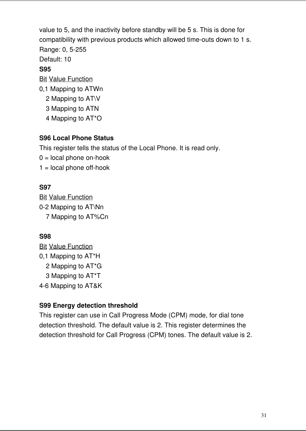 31value to 5, and the inactivity before standby will be 5 s. This is done forcompatibility with previous products which allowed time-outs down to 1 s.Range: 0, 5-255Default: 10S95Bit Value Function0,1 Mapping to ATWn2 Mapping to AT\V3 Mapping to ATN4 Mapping to AT*OS96 Local Phone StatusThis register tells the status of the Local Phone. It is read only.0 = local phone on-hook1 = local phone off-hookS97Bit Value Function0-2 Mapping to AT\Nn7 Mapping to AT%CnS98Bit Value Function0,1 Mapping to AT*H2 Mapping to AT*G3 Mapping to AT*T4-6 Mapping to AT&amp;KS99 Energy detection thresholdThis register can use in Call Progress Mode (CPM) mode, for dial tonedetection threshold. The default value is 2. This register determines thedetection threshold for Call Progress (CPM) tones. The default value is 2.