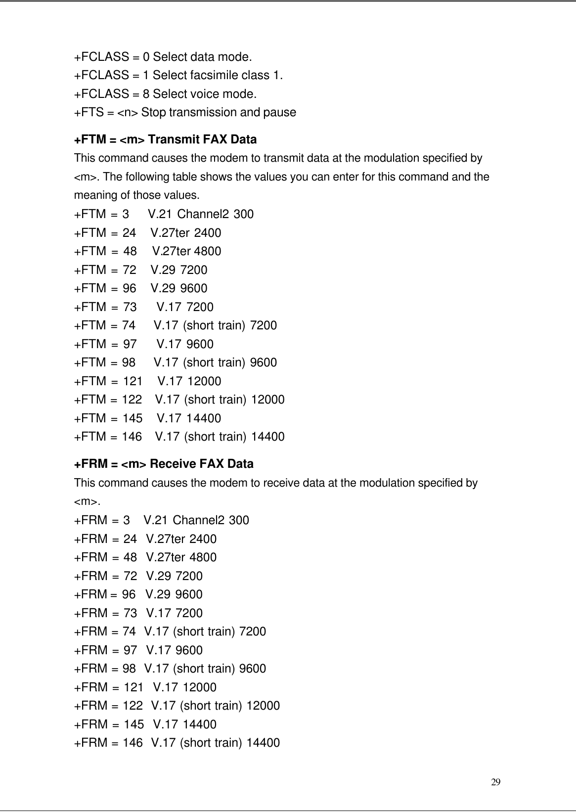  29 +FCLASS = 0 Select data mode. +FCLASS = 1 Select facsimile class 1. +FCLASS = 8 Select voice mode. +FTS = &lt;n&gt; Stop transmission and pause +FTM = &lt;m&gt; Transmit FAX Data This command causes the modem to transmit data at the modulation specified by &lt;m&gt;. The following table shows the values you can enter for this command and the meaning of those values. +FTM = 3    V.21 Channel2 300 +FTM = 24   V.27ter 2400 +FTM = 48   V.27ter 4800 +FTM = 72   V.29 7200 +FTM = 96   V.29 9600 +FTM = 73    V.17 7200 +FTM = 74    V.17 (short train) 7200 +FTM = 97    V.17 9600 +FTM = 98    V.17 (short train) 9600 +FTM = 121   V.17 12000 +FTM = 122   V.17 (short train) 12000 +FTM = 145   V.17 14400 +FTM = 146   V.17 (short train) 14400 +FRM = &lt;m&gt; Receive FAX Data This command causes the modem to receive data at the modulation specified by &lt;m&gt;. +FRM = 3   V.21 Channel2 300 +FRM = 24  V.27ter 2400 +FRM = 48  V.27ter 4800 +FRM = 72  V.29 7200 +FRM = 96  V.29 9600 +FRM = 73  V.17 7200 +FRM = 74  V.17 (short train) 7200 +FRM = 97  V.17 9600 +FRM = 98  V.17 (short train) 9600 +FRM = 121  V.17 12000 +FRM = 122  V.17 (short train) 12000 +FRM = 145  V.17 14400 +FRM = 146  V.17 (short train) 14400 