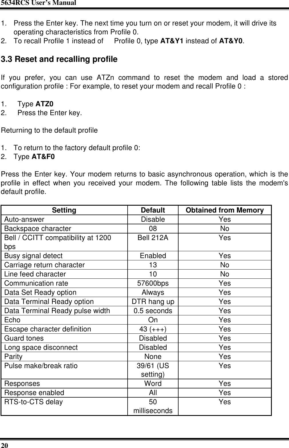 5634RCS User’s Manual201. Press the Enter key. The next time you turn on or reset your modem, it will drive itsoperating characteristics from Profile 0.2. To recall Profile 1 instead of  Profile 0, type AT&amp;Y1 instead of AT&amp;Y0.3.3 Reset and recalling profileIf you prefer, you can use ATZn command to reset the modem and load a storedconfiguration profile : For example, to reset your modem and recall Profile 0 :1.  Type ATZ02.  Press the Enter key.Returning to the default profile1. To return to the factory default profile 0:2. Type AT&amp;F0Press the Enter key. Your modem returns to basic asynchronous operation, which is theprofile in effect when you received your modem. The following table lists the modem&apos;sdefault profile.Setting Default Obtained from MemoryAuto-answer Disable YesBackspace character 08 NoBell / CCITT compatibility at 1200bps Bell 212A YesBusy signal detect Enabled YesCarriage return character 13 NoLine feed character 10 NoCommunication rate 57600bps YesData Set Ready option Always YesData Terminal Ready option DTR hang up YesData Terminal Ready pulse width 0.5 seconds YesEcho On YesEscape character definition 43 (+++) YesGuard tones Disabled YesLong space disconnect Disabled YesParity None YesPulse make/break ratio 39/61 (USsetting) YesResponses Word YesResponse enabled All YesRTS-to-CTS delay 50milliseconds Yes