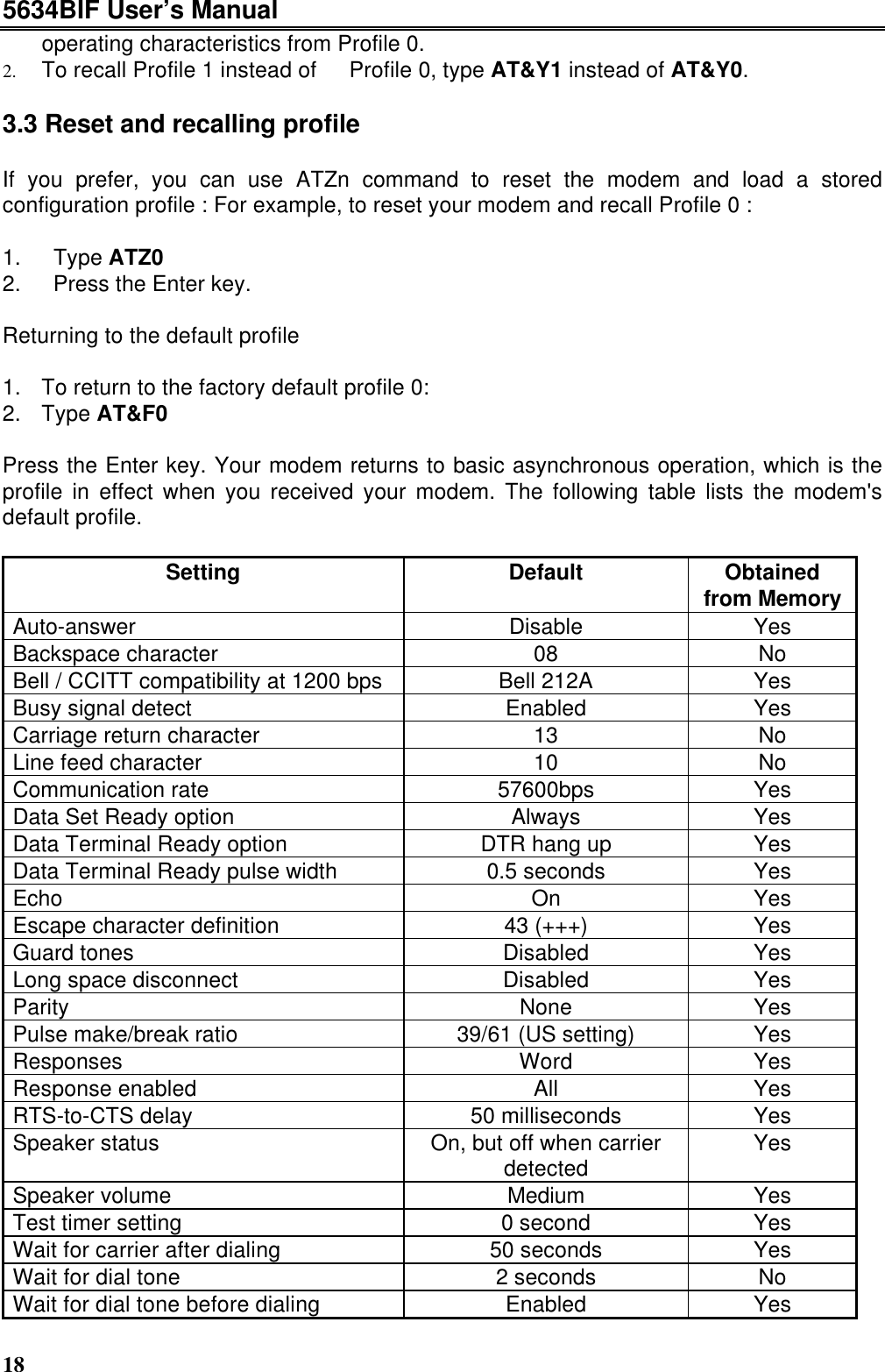 5634BIF User’s Manual18operating characteristics from Profile 0.2. To recall Profile 1 instead of  Profile 0, type AT&amp;Y1 instead of AT&amp;Y0.3.3 Reset and recalling profile  If you prefer, you can use ATZn command to reset the modem and load a storedconfiguration profile : For example, to reset your modem and recall Profile 0 :1.  Type ATZ02.  Press the Enter key.Returning to the default profile1. To return to the factory default profile 0:2. Type AT&amp;F0Press the Enter key. Your modem returns to basic asynchronous operation, which is theprofile in effect when you received your modem. The following table lists the modem&apos;sdefault profile.Setting Default Obtainedfrom MemoryAuto-answer Disable YesBackspace character 08 NoBell / CCITT compatibility at 1200 bps Bell 212A YesBusy signal detect Enabled YesCarriage return character 13 NoLine feed character 10 NoCommunication rate 57600bps YesData Set Ready option Always YesData Terminal Ready option DTR hang up YesData Terminal Ready pulse width 0.5 seconds YesEcho On YesEscape character definition 43 (+++) YesGuard tones Disabled YesLong space disconnect Disabled YesParity None YesPulse make/break ratio 39/61 (US setting) YesResponses Word YesResponse enabled All YesRTS-to-CTS delay 50 milliseconds YesSpeaker status On, but off when carrierdetected YesSpeaker volume Medium YesTest timer setting 0 second YesWait for carrier after dialing 50 seconds YesWait for dial tone 2 seconds NoWait for dial tone before dialing Enabled Yes