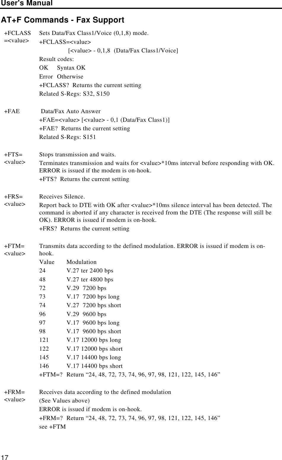 User&apos;s Manual17AT+F Commands - Fax Support+FCLASS=&lt;value&gt; Sets Data/Fax Class1/Voice (0,1,8) mode.+FCLASS=&lt;value&gt;                 [&lt;value&gt; - 0,1,8  (Data/Fax Class1/Voice]Result codes:OK Syntax OKError Otherwise+FCLASS?  Returns the current settingRelated S-Regs: S32, S150+FAE  Data/Fax Auto Answer+FAE=&lt;value&gt; [&lt;value&gt; - 0,1 (Data/Fax Class1)]+FAE?  Returns the current settingRelated S-Regs: S151+FTS=&lt;value&gt; Stops transmission and waits.Terminates transmission and waits for &lt;value&gt;*10ms interval before responding with OK.ERROR is issued if the modem is on-hook.+FTS?  Returns the current setting+FRS=&lt;value&gt; Receives Silence.Report back to DTE with OK after &lt;value&gt;*10ms silence interval has been detected. Thecommand is aborted if any character is received from the DTE (The response will still beOK). ERROR is issued if modem is on-hook.+FRS?  Returns the current setting+FTM=&lt;value&gt; Transmits data according to the defined modulation. ERROR is issued if modem is on-hook.Value Modulation24 V.27 ter 2400 bps48 V.27 ter 4800 bps72 V.29  7200 bps73 V.17  7200 bps long74 V.27  7200 bps short96 V.29  9600 bps97 V.17  9600 bps long98 V.17  9600 bps short121 V.17 12000 bps long122 V.17 12000 bps short145 V.17 14400 bps long146 V.17 14400 bps short+FTM=? Return “24, 48, 72, 73, 74, 96, 97, 98, 121, 122, 145, 146”+FRM=&lt;value&gt; Receives data according to the defined modulation(See Values above)ERROR is issued if modem is on-hook.+FRM=? Return “24, 48, 72, 73, 74, 96, 97, 98, 121, 122, 145, 146”see +FTM