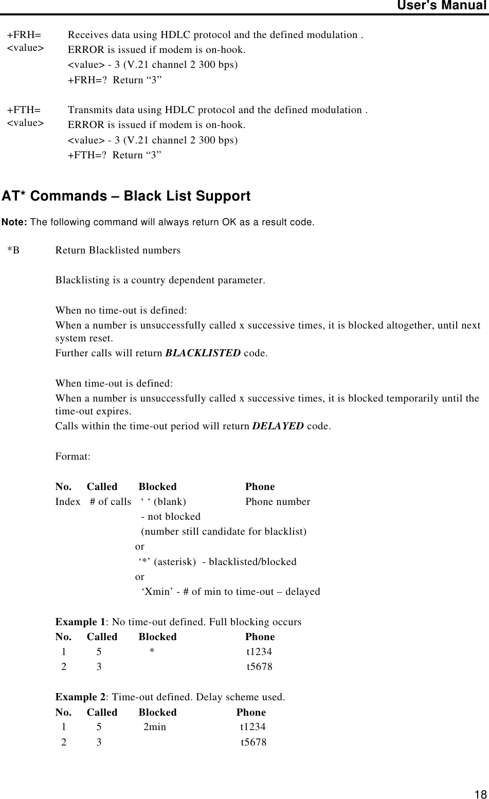 User&apos;s Manual18+FRH=&lt;value&gt; Receives data using HDLC protocol and the defined modulation .ERROR is issued if modem is on-hook.&lt;value&gt; - 3 (V.21 channel 2 300 bps)+FRH=?  Return “3”+FTH=&lt;value&gt; Transmits data using HDLC protocol and the defined modulation .ERROR is issued if modem is on-hook.&lt;value&gt; - 3 (V.21 channel 2 300 bps)+FTH=?  Return “3”AT* Commands – Black List SupportNote: The following command will always return OK as a result code.*B Return Blacklisted numbersBlacklisting is a country dependent parameter.When no time-out is defined:When a number is unsuccessfully called x successive times, it is blocked altogether, until nextsystem reset.Further calls will return BLACKLISTED code.When time-out is defined:When a number is unsuccessfully called x successive times, it is blocked temporarily until thetime-out expires.Calls within the time-out period will return DELAYED code.Format:No.     Called       Blocked                       PhoneIndex   # of calls   ‘ ‘ (blank)                    Phone number                             - not blocked                             (number still candidate for blacklist)                           or                            ‘*’ (asterisk)  - blacklisted/blocked                           or                             ‘Xmin’ - # of min to time-out – delayedExample 1: No time-out defined. Full blocking occursNo.     Called       Blocked                       Phone  1          5                *                               t1234  2          3                                                 t5678Example 2: Time-out defined. Delay scheme used.No.     Called       Blocked                    Phone  1          5              2min                         t1234  2          3                                               t5678