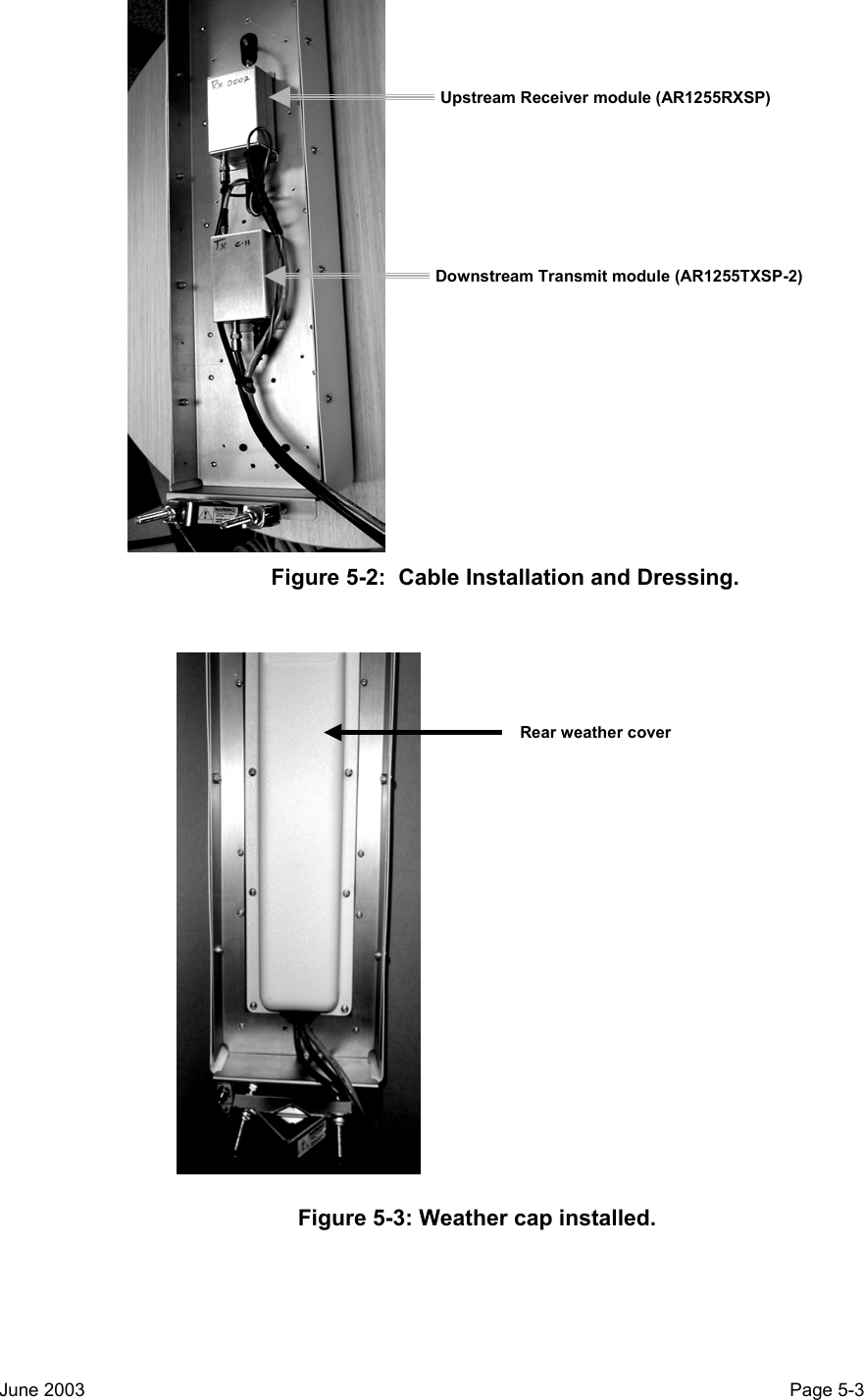  Upstream Receiver module (AR1255RXSP)Downstream Transmit module (AR1255TXSP-2)                                Figure 5-2:  Cable Installation and Dressing.     Rear weather cover Figure 5-3: Weather cap installed. June 2003                                                                                                                                          Page 5-3  