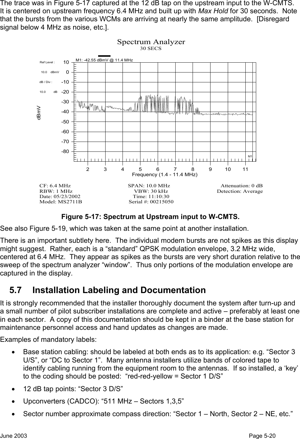  The trace was in Figure 5-17 captured at the 12 dB tap on the upstream input to the W-CMTS.  It is centered on upstream frequency 6.4 MHz and built up with Max Hold for 30 seconds.  Note that the bursts from the various WCMs are arriving at nearly the same amplitude.  [Disregard signal below 4 MHz as noise, etc.]. -80-70-60-50-40-30-20-100102345678910 11Ref Level :                 10.0    dBmV             dB / Div :                    10.0         dB              M1Spectrum Analyzer30 SECSModel: MS2711B Serial #: 00215050Date: 05/23/2002      Time: 11:10:30RBW: 1 MHz VBW: 30 kHz Detection: AverageCF: 6.4 MHz    SPAN: 10.0 MHz    Attenuation: 0 dBdBmVFrequency (1.4 - 11.4 MHz)M1: -42.55 dBmV @ 11.4 MHz Figure 5-17: Spectrum at Upstream input to W-CMTS. See also Figure 5-19, which was taken at the same point at another installation. There is an important subtlety here.  The individual modem bursts are not spikes as this display might suggest.  Rather, each is a “standard” QPSK modulation envelope, 3.2 MHz wide, centered at 6.4 MHz.  They appear as spikes as the bursts are very short duration relative to the sweep of the spectrum analyzer “window”.  Thus only portions of the modulation envelope are captured in the display. 5.7 Installation Labeling and Documentation It is strongly recommended that the installer thoroughly document the system after turn-up and a small number of pilot subscriber installations are complete and active – preferably at least one in each sector.  A copy of this documentation should be kept in a binder at the base station for maintenance personnel access and hand updates as changes are made. Examples of mandatory labels:   •  Base station cabling: should be labeled at both ends as to its application: e.g. “Sector 3 U/S”, or “DC to Sector 1”.  Many antenna installers utilize bands of colored tape to identify cabling running from the equipment room to the antennas.  If so installed, a ‘key’ to the coding should be posted:  “red-red-yellow = Sector 1 D/S” •  12 dB tap points: “Sector 3 D/S” •  Upconverters (CADCO): “511 MHz – Sectors 1,3,5”  •  Sector number approximate compass direction: “Sector 1 – North, Sector 2 – NE, etc.” June 2003                                                                                                                                          Page 5-20  