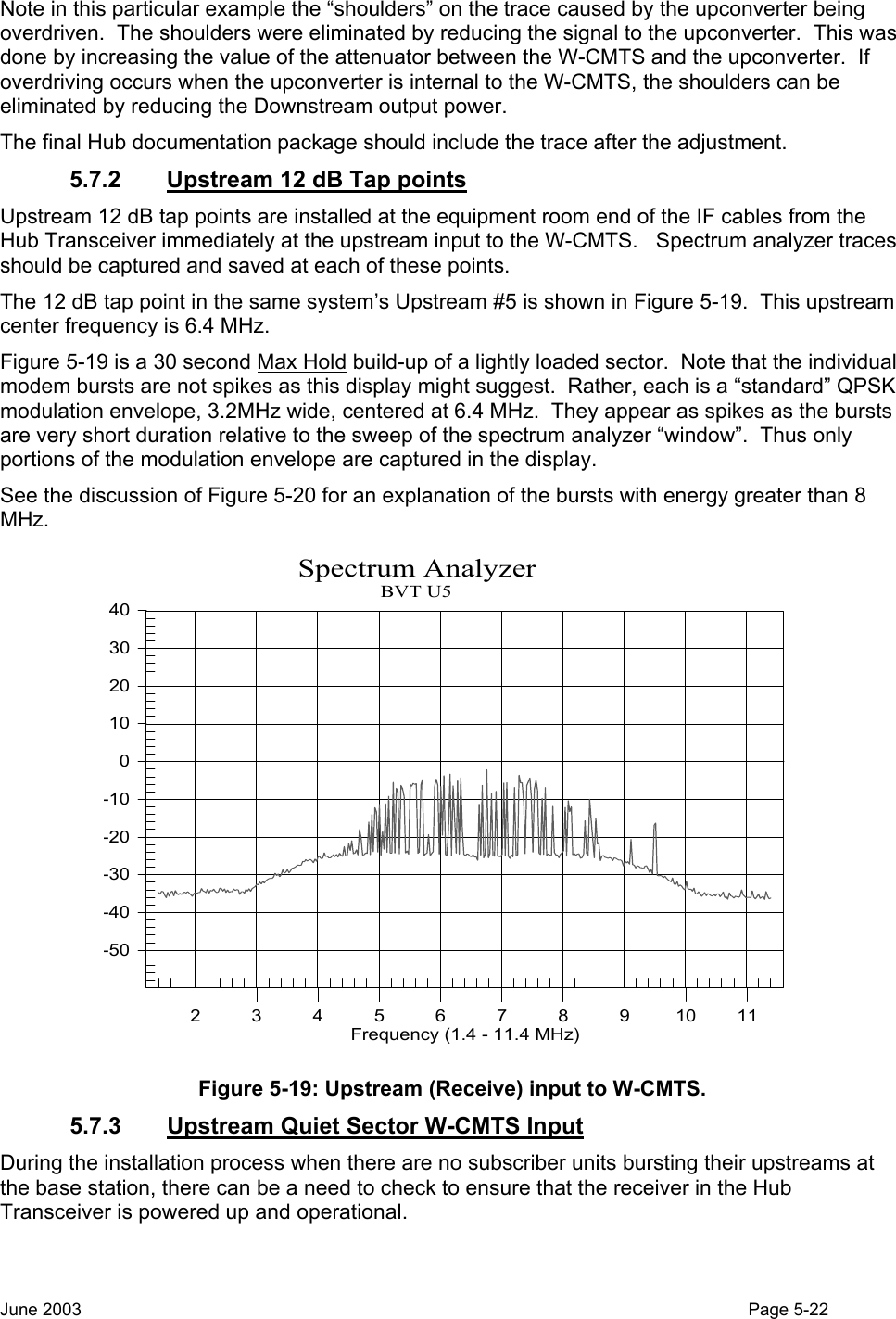  Note in this particular example the “shoulders” on the trace caused by the upconverter being overdriven.  The shoulders were eliminated by reducing the signal to the upconverter.  This was done by increasing the value of the attenuator between the W-CMTS and the upconverter.  If overdriving occurs when the upconverter is internal to the W-CMTS, the shoulders can be eliminated by reducing the Downstream output power. The final Hub documentation package should include the trace after the adjustment. 5.7.2  Upstream 12 dB Tap points Upstream 12 dB tap points are installed at the equipment room end of the IF cables from the Hub Transceiver immediately at the upstream input to the W-CMTS.   Spectrum analyzer traces should be captured and saved at each of these points. The 12 dB tap point in the same system’s Upstream #5 is shown in Figure 5-19.  This upstream center frequency is 6.4 MHz. Figure 5-19 is a 30 second Max Hold build-up of a lightly loaded sector.  Note that the individual modem bursts are not spikes as this display might suggest.  Rather, each is a “standard” QPSK modulation envelope, 3.2MHz wide, centered at 6.4 MHz.  They appear as spikes as the bursts are very short duration relative to the sweep of the spectrum analyzer “window”.  Thus only portions of the modulation envelope are captured in the display. See the discussion of Figure 5-20 for an explanation of the bursts with energy greater than 8 MHz. -50-40-30-20-10010203040234567891011                                    Spectrum AnalyzerBVT U5Frequency (1.4 - 11.4 MHz) Figure 5-19: Upstream (Receive) input to W-CMTS. 5.7.3  Upstream Quiet Sector W-CMTS Input During the installation process when there are no subscriber units bursting their upstreams at the base station, there can be a need to check to ensure that the receiver in the Hub Transceiver is powered up and operational.   June 2003                                                                                                                                          Page 5-22  