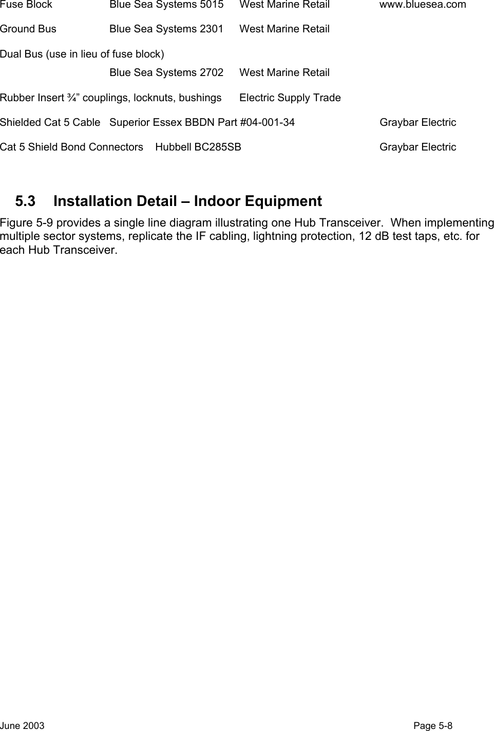  Fuse Block  Blue Sea Systems 5015  West Marine Retail  www.bluesea.com Ground Bus  Blue Sea Systems 2301  West Marine Retail          Dual Bus (use in lieu of fuse block)   Blue Sea Systems 2702  West Marine Retail           Rubber Insert ¾” couplings, locknuts, bushings  Electric Supply Trade       Shielded Cat 5 Cable  Superior Essex BBDN Part #04-001-34  Graybar Electric   Cat 5 Shield Bond Connectors    Hubbell BC285SB  Graybar Electric  5.3  Installation Detail – Indoor Equipment Figure 5-9 provides a single line diagram illustrating one Hub Transceiver.  When implementing multiple sector systems, replicate the IF cabling, lightning protection, 12 dB test taps, etc. for each Hub Transceiver. June 2003                                                                                                                                          Page 5-8  