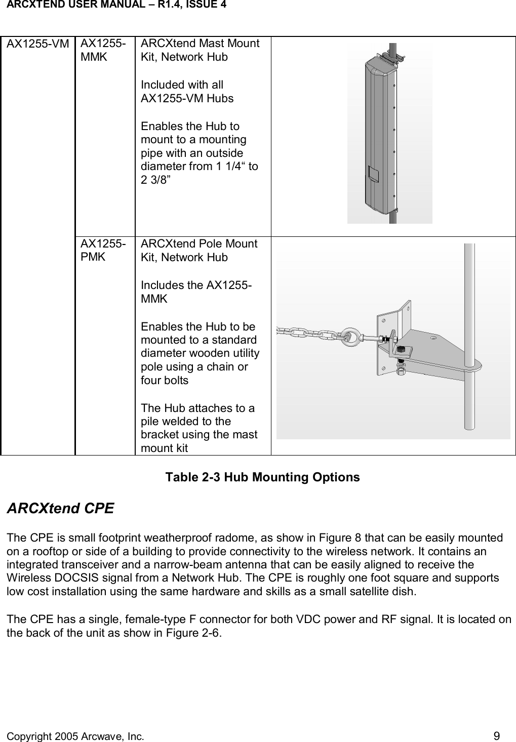 ARCXTEND USER MANUAL – R1.4, ISSUE 4  Copyright 2005 Arcwave, Inc.    9 AX1255-MMK ARCXtend Mast Mount Kit, Network Hub  Included with all AX1255-VM Hubs Enables the Hub to mount to a mounting pipe with an outside diameter from 1 1/4“ to 2 3/8”   AX1255-VM  AX1255-PMK ARCXtend Pole Mount Kit, Network Hub  Includes the AX1255-MMK Enables the Hub to be mounted to a standard diameter wooden utility pole using a chain or four bolts The Hub attaches to a pile welded to the bracket using the mast mount kit   Table 2-3 Hub Mounting Options ARCXtend CPE The CPE is small footprint weatherproof radome, as show in Figure 8 that can be easily mounted on a rooftop or side of a building to provide connectivity to the wireless network. It contains an integrated transceiver and a narrow-beam antenna that can be easily aligned to receive the Wireless DOCSIS signal from a Network Hub. The CPE is roughly one foot square and supports low cost installation using the same hardware and skills as a small satellite dish. The CPE has a single, female-type F connector for both VDC power and RF signal. It is located on the back of the unit as show in Figure 2-6. 