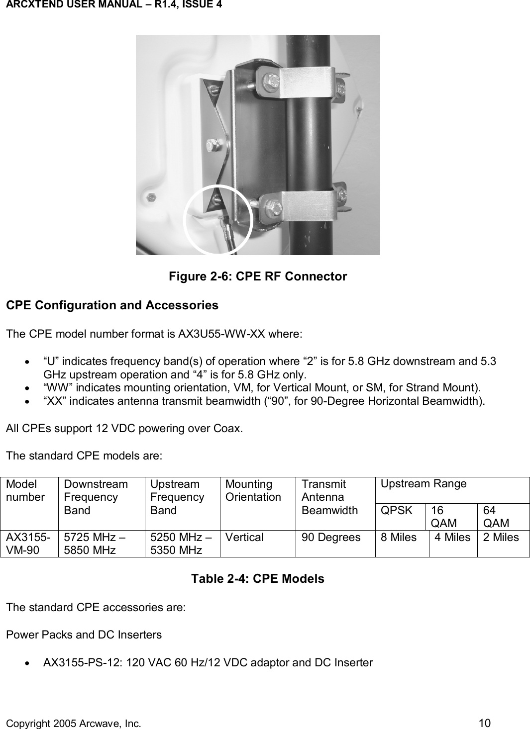 ARCXTEND USER MANUAL – R1.4, ISSUE 4  Copyright 2005 Arcwave, Inc.    10  Figure 2-6: CPE RF Connector CPE Configuration and Accessories The CPE model number format is AX3U55-WW-XX where: •  “U” indicates frequency band(s) of operation where “2” is for 5.8 GHz downstream and 5.3 GHz upstream operation and “4” is for 5.8 GHz only. •  “WW” indicates mounting orientation, VM, for Vertical Mount, or SM, for Strand Mount).  •  “XX” indicates antenna transmit beamwidth (“90”, for 90-Degree Horizontal Beamwidth). All CPEs support 12 VDC powering over Coax.  The standard CPE models are: Upstream Range Model number Downstream Frequency Band Upstream Frequency Band Mounting Orientation Transmit Antenna Beamwidth QPSK 16 QAM 64 QAM AX3155-VM-90 5725 MHz – 5850 MHz 5250 MHz – 5350 MHz Vertical  90 Degrees  8 Miles  4 Miles  2 Miles Table 2-4: CPE Models The standard CPE accessories are: Power Packs and DC Inserters •  AX3155-PS-12: 120 VAC 60 Hz/12 VDC adaptor and DC Inserter 