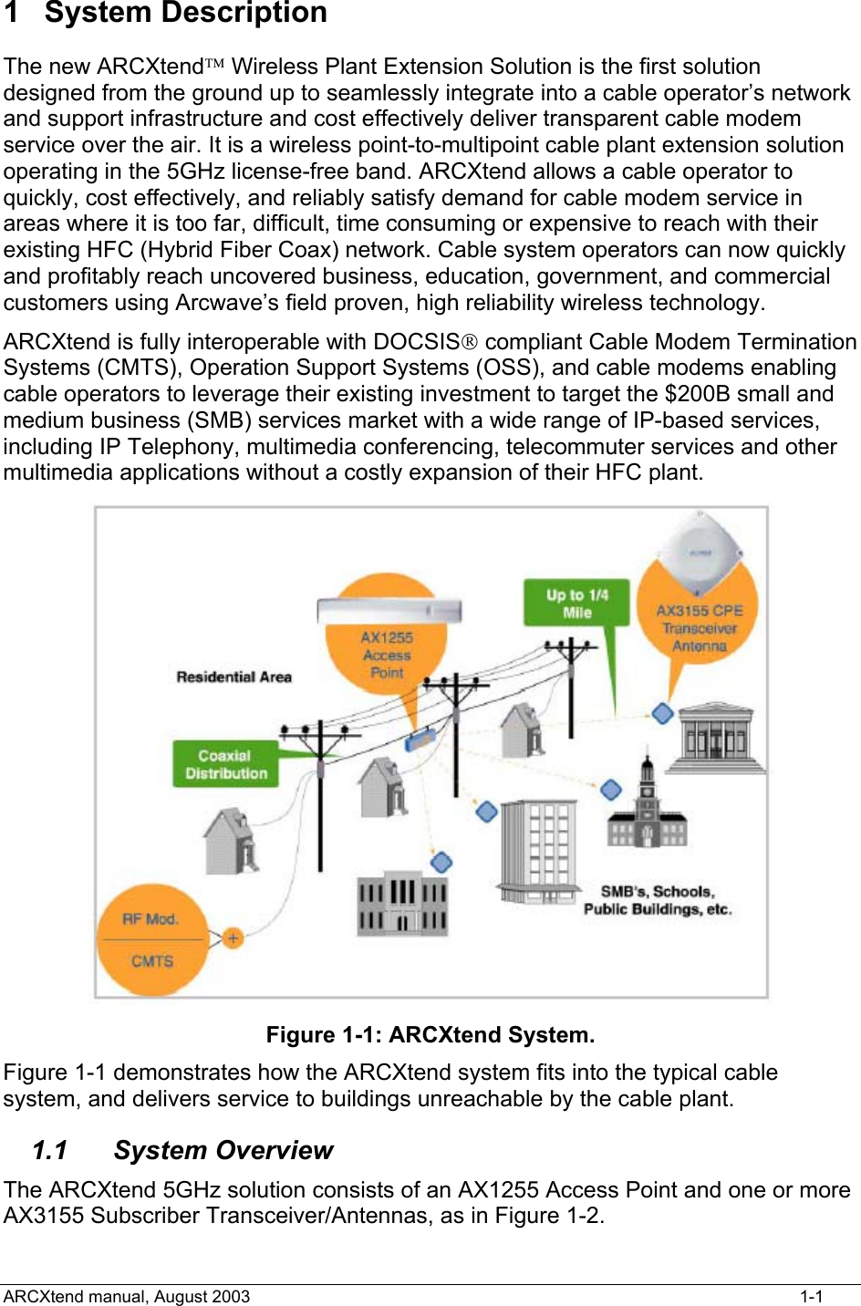  1 System Description The new ARCXtend Wireless Plant Extension Solution is the first solution designed from the ground up to seamlessly integrate into a cable operator’s network and support infrastructure and cost effectively deliver transparent cable modem service over the air. It is a wireless point-to-multipoint cable plant extension solution operating in the 5GHz license-free band. ARCXtend allows a cable operator to quickly, cost effectively, and reliably satisfy demand for cable modem service in areas where it is too far, difficult, time consuming or expensive to reach with their existing HFC (Hybrid Fiber Coax) network. Cable system operators can now quickly and profitably reach uncovered business, education, government, and commercial customers using Arcwave’s field proven, high reliability wireless technology.  ARCXtend is fully interoperable with DOCSIS compliant Cable Modem Termination Systems (CMTS), Operation Support Systems (OSS), and cable modems enabling cable operators to leverage their existing investment to target the $200B small and medium business (SMB) services market with a wide range of IP-based services, including IP Telephony, multimedia conferencing, telecommuter services and other multimedia applications without a costly expansion of their HFC plant.   Figure 1-1: ARCXtend System. Figure 1-1 demonstrates how the ARCXtend system fits into the typical cable system, and delivers service to buildings unreachable by the cable plant. 1.1 System Overview The ARCXtend 5GHz solution consists of an AX1255 Access Point and one or more AX3155 Subscriber Transceiver/Antennas, as in Figure 1-2.  ARCXtend manual, August 2003    1-1 