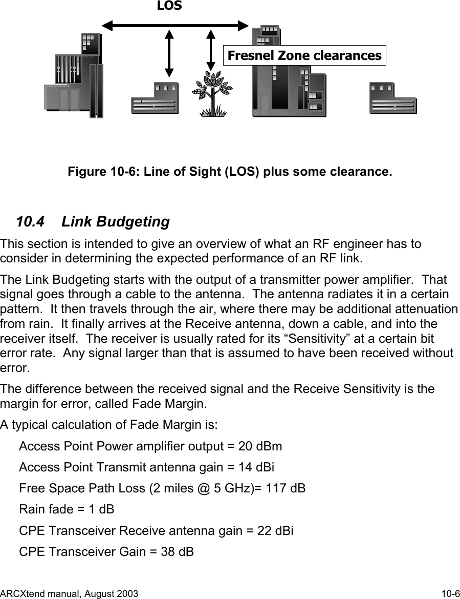  LOSFresnel Zone clearances Figure 10-6: Line of Sight (LOS) plus some clearance.  10.4 Link Budgeting This section is intended to give an overview of what an RF engineer has to consider in determining the expected performance of an RF link. The Link Budgeting starts with the output of a transmitter power amplifier.  That signal goes through a cable to the antenna.  The antenna radiates it in a certain pattern.  It then travels through the air, where there may be additional attenuation from rain.  It finally arrives at the Receive antenna, down a cable, and into the receiver itself.  The receiver is usually rated for its “Sensitivity” at a certain bit error rate.  Any signal larger than that is assumed to have been received without error.  The difference between the received signal and the Receive Sensitivity is the margin for error, called Fade Margin. A typical calculation of Fade Margin is: Access Point Power amplifier output = 20 dBm Access Point Transmit antenna gain = 14 dBi Free Space Path Loss (2 miles @ 5 GHz)= 117 dB Rain fade = 1 dB CPE Transceiver Receive antenna gain = 22 dBi CPE Transceiver Gain = 38 dB ARCXtend manual, August 2003    10-6 