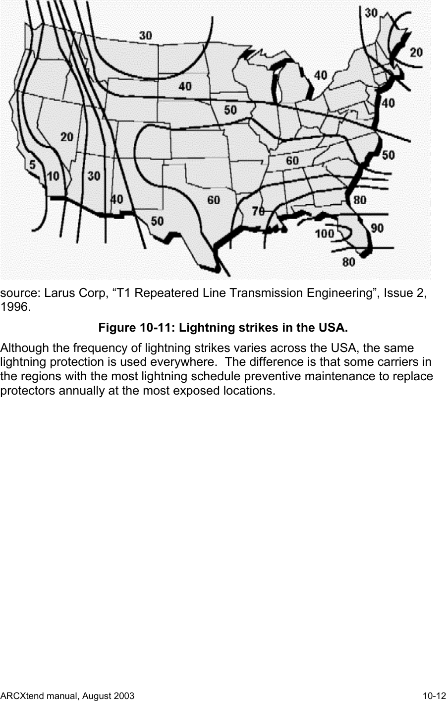   source: Larus Corp, “T1 Repeatered Line Transmission Engineering”, Issue 2, 1996. Figure 10-11: Lightning strikes in the USA. Although the frequency of lightning strikes varies across the USA, the same lightning protection is used everywhere.  The difference is that some carriers in the regions with the most lightning schedule preventive maintenance to replace protectors annually at the most exposed locations. ARCXtend manual, August 2003    10-12 