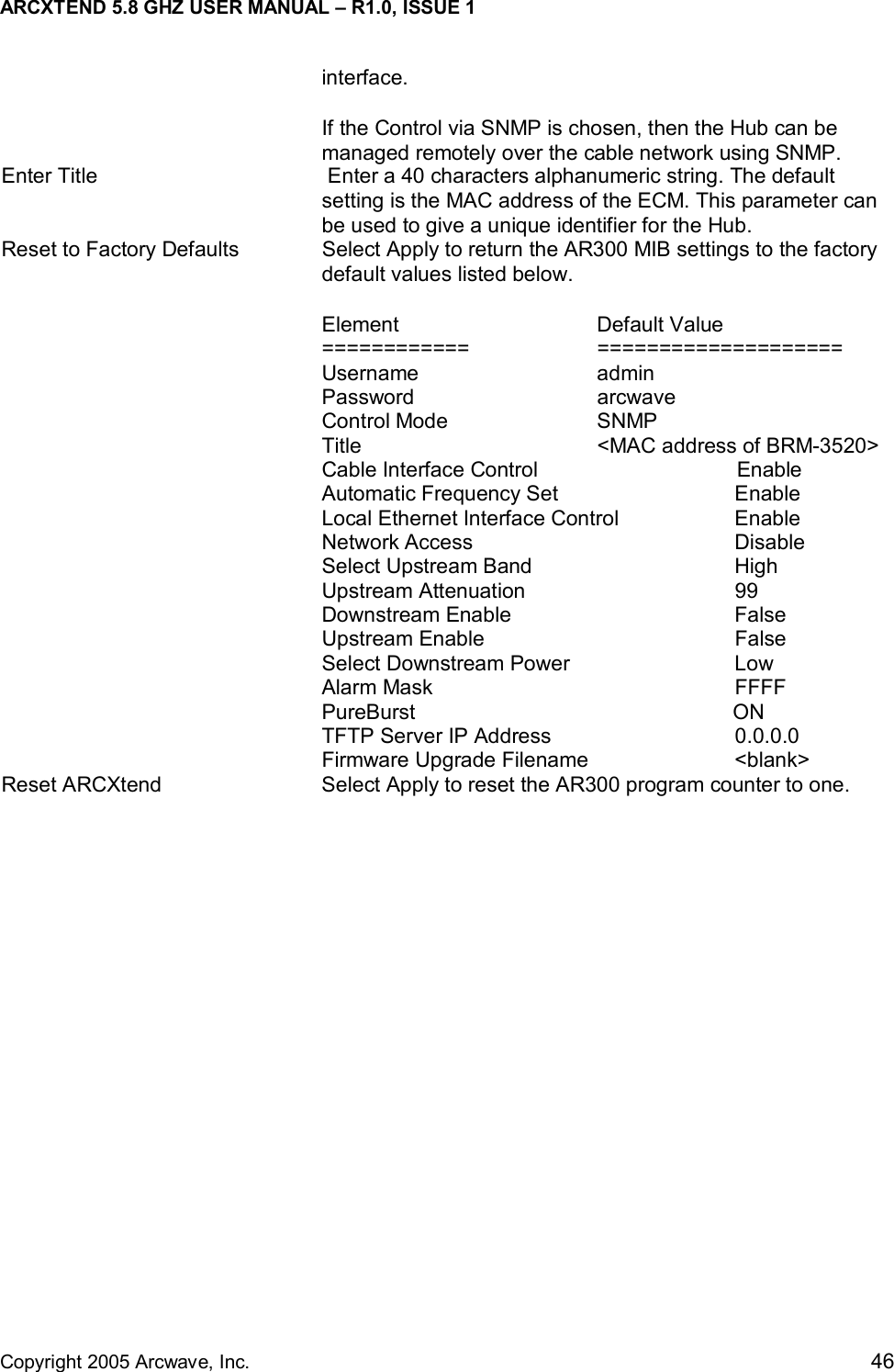 ARCXTEND 5.8 GHZ USER MANUAL – R1.0, ISSUE 1  Copyright 2005 Arcwave, Inc.    46 interface. If the Control via SNMP is chosen, then the Hub can be managed remotely over the cable network using SNMP.  Enter Title   Enter a 40 characters alphanumeric string. The default setting is the MAC address of the ECM. This parameter can be used to give a unique identifier for the Hub.  Reset to Factory Defaults  Select Apply to return the AR300 MIB settings to the factory default values listed below. Element   Default Value ============   ==================== Username   admin Password   arcwave Control Mode   SNMP Title    &lt;MAC address of BRM-3520&gt; Cable Interface Control                                  Enable Automatic Frequency Set       Enable Local Ethernet Interface Control    Enable Network Access    Disable Select Upstream Band      High Upstream Attenuation    99 Downstream Enable    False Upstream Enable    False Select Downstream Power      Low Alarm Mask     FFFF PureBurst                                       ON TFTP Server IP Address      0.0.0.0 Firmware Upgrade Filename      &lt;blank&gt; Reset ARCXtend  Select Apply to reset the AR300 program counter to one.   
