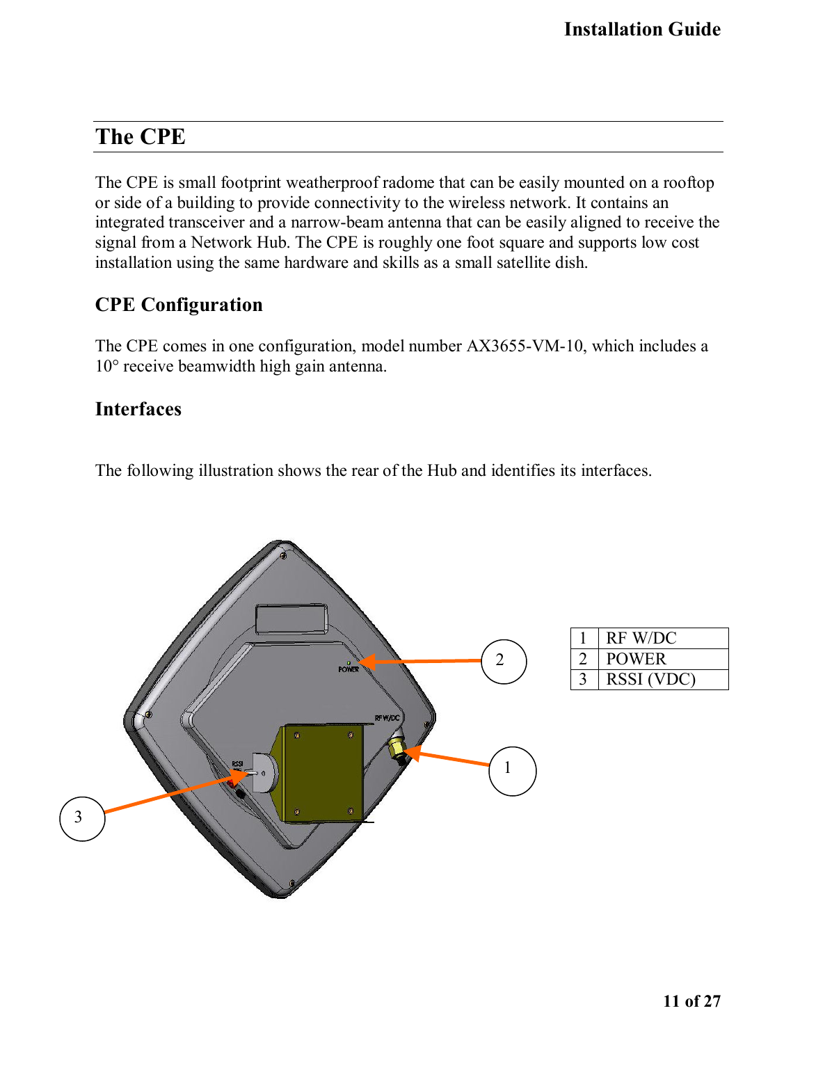   Installation Guide    11 of 27  The CPE The CPE is small footprint weatherproof radome that can be easily mounted on a rooftop or side of a building to provide connectivity to the wireless network. It contains an integrated transceiver and a narrow-beam antenna that can be easily aligned to receive the signal from a Network Hub. The CPE is roughly one foot square and supports low cost installation using the same hardware and skills as a small satellite dish.  CPE Configuration  The CPE comes in one configuration, model number AX3655-VM-10, which includes a 10° receive beamwidth high gain antenna.  Interfaces The following illustration shows the rear of the Hub and identifies its interfaces.  1 RF W/DC 2 POWER 3 RSSI (VDC) 2 3 1 