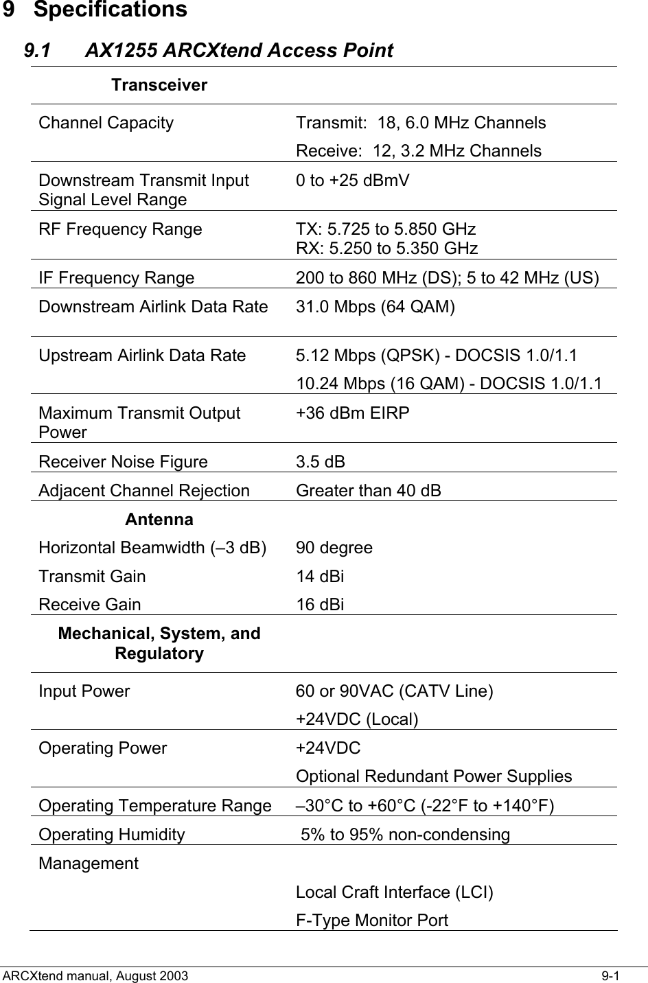  9 Specifications  9.1  AX1255 ARCXtend Access Point  Transceiver   Channel Capacity  Transmit:  18, 6.0 MHz Channels Receive:  12, 3.2 MHz Channels Downstream Transmit Input Signal Level Range 0 to +25 dBmV RF Frequency Range     TX: 5.725 to 5.850 GHz  RX: 5.250 to 5.350 GHz IF Frequency Range  200 to 860 MHz (DS); 5 to 42 MHz (US) Downstream Airlink Data Rate   31.0 Mbps (64 QAM) Upstream Airlink Data Rate  5.12 Mbps (QPSK) - DOCSIS 1.0/1.1 10.24 Mbps (16 QAM) - DOCSIS 1.0/1.1 Maximum Transmit Output Power   +36 dBm EIRP  Receiver Noise Figure     3.5 dB Adjacent Channel Rejection   Greater than 40 dB Antenna  Horizontal Beamwidth (–3 dB) Transmit Gain Receive Gain  90 degree 14 dBi 16 dBi Mechanical, System, and Regulatory  Input Power  60 or 90VAC (CATV Line) +24VDC (Local) Operating Power  +24VDC  Optional Redundant Power Supplies Operating Temperature Range  –30°C to +60°C (-22°F to +140°F) Operating Humidity      5% to 95% non-condensing Management  Local Craft Interface (LCI) F-Type Monitor Port ARCXtend manual, August 2003    9-1 