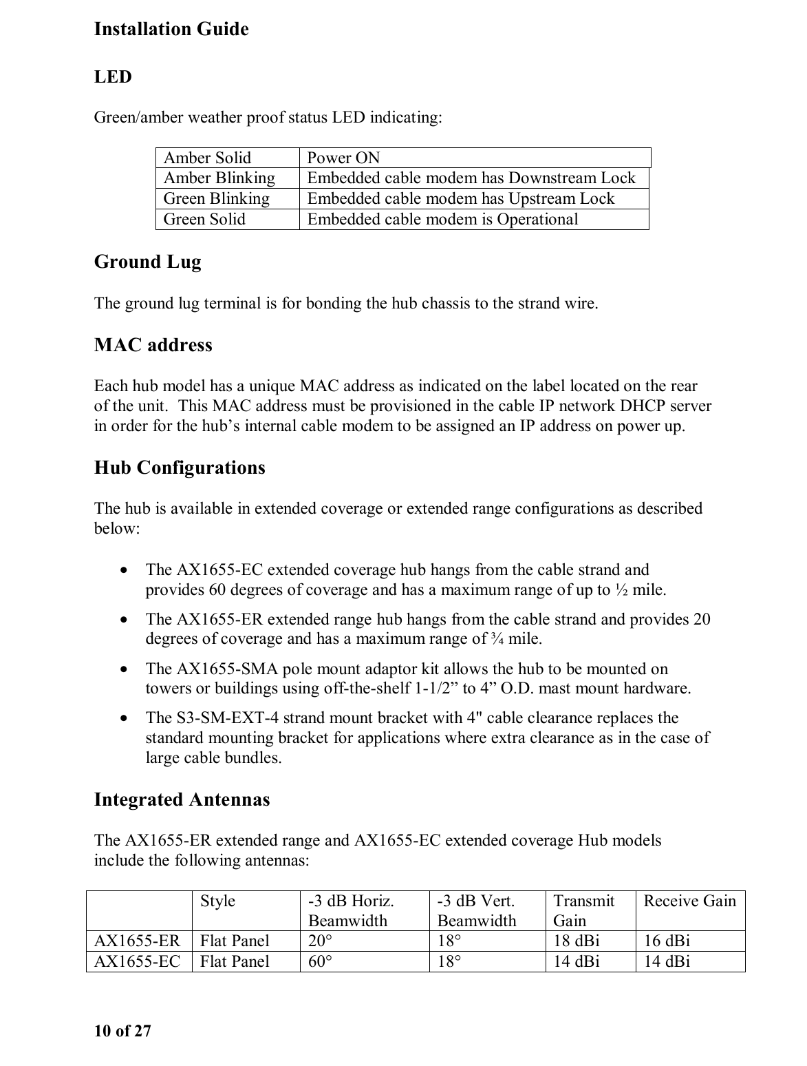 Installation Guide 10 of 27 LED Green/amber weather proof status LED indicating: Amber Solid          Power ON Amber Blinking     Embedded cable modem has Downstream Lock Green Blinking      Embedded cable modem has Upstream Lock Green Solid          Embedded cable modem is Operational    Ground Lug The ground lug terminal is for bonding the hub chassis to the strand wire. MAC address Each hub model has a unique MAC address as indicated on the label located on the rear of the unit.  This MAC address must be provisioned in the cable IP network DHCP server in order for the hub’s internal cable modem to be assigned an IP address on power up.   Hub Configurations The hub is available in extended coverage or extended range configurations as described below: •  The AX1655-EC extended coverage hub hangs from the cable strand and provides 60 degrees of coverage and has a maximum range of up to ½ mile.  •  The AX1655-ER extended range hub hangs from the cable strand and provides 20 degrees of coverage and has a maximum range of ¾ mile.  •  The AX1655-SMA pole mount adaptor kit allows the hub to be mounted on towers or buildings using off-the-shelf 1-1/2” to 4” O.D. mast mount hardware.  •  The S3-SM-EXT-4 strand mount bracket with 4&quot; cable clearance replaces the standard mounting bracket for applications where extra clearance as in the case of large cable bundles.  Integrated Antennas The AX1655-ER extended range and AX1655-EC extended coverage Hub models include the following antennas:   Style  -3 dB Horiz. Beamwidth -3 dB Vert. Beamwidth Transmit Gain Receive GainAX1655-ER  Flat Panel  20°  18°  18 dBi  16 dBi AX1655-EC  Flat Panel  60°  18°  14 dBi  14 dBi 