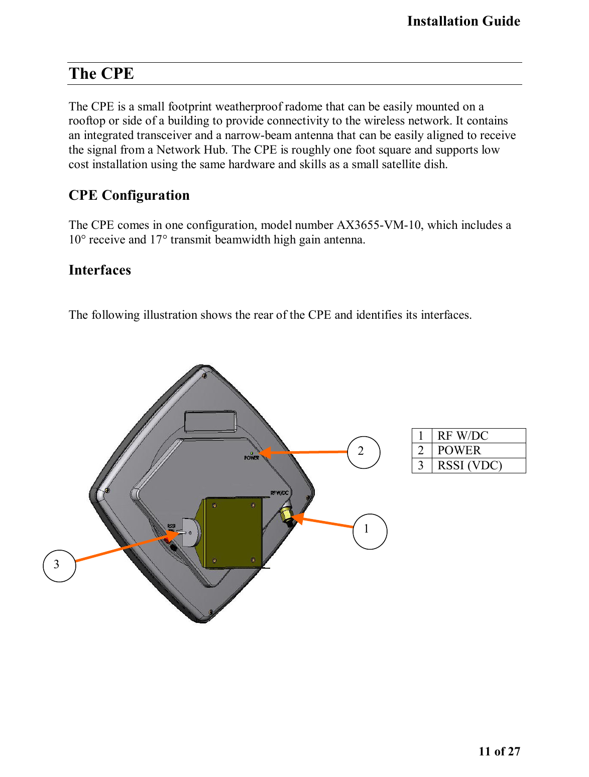   Installation Guide   11 of 27 The CPE The CPE is a small footprint weatherproof radome that can be easily mounted on a rooftop or side of a building to provide connectivity to the wireless network. It contains an integrated transceiver and a narrow-beam antenna that can be easily aligned to receive the signal from a Network Hub. The CPE is roughly one foot square and supports low cost installation using the same hardware and skills as a small satellite dish.  CPE Configuration  The CPE comes in one configuration, model number AX3655-VM-10, which includes a 10° receive and 17° transmit beamwidth high gain antenna.  Interfaces The following illustration shows the rear of the CPE and identifies its interfaces.  1 RF W/DC 2 POWER 3 RSSI (VDC) 2 3 1 