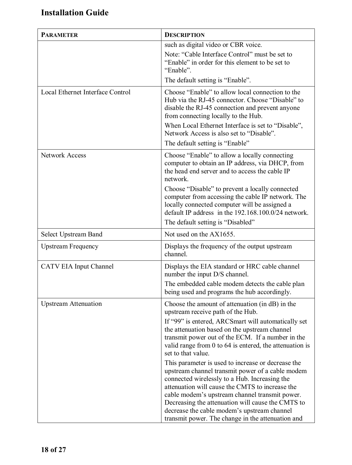 Installation Guide 18 of 27 PARAMETER DESCRIPTION such as digital video or CBR voice.  Note: “Cable Interface Control” must be set to “Enable” in order for this element to be set to “Enable”. The default setting is “Enable”. Local Ethernet Interface Control  Choose “Enable” to allow local connection to the Hub via the RJ-45 connector. Choose “Disable” to disable the RJ-45 connection and prevent anyone from connecting locally to the Hub.  When Local Ethernet Interface is set to “Disable”, Network Access is also set to “Disable”. The default setting is “Enable” Network Access  Choose “Enable” to allow a locally connecting computer to obtain an IP address, via DHCP, from the head end server and to access the cable IP network.  Choose “Disable” to prevent a locally connected computer from accessing the cable IP network. The locally connected computer will be assigned a default IP address  in the 192.168.100.0/24 network. The default setting is “Disabled” Select Upstream Band  Not used on the AX1655. Upstream Frequency  Displays the frequency of the output upstream channel. CATV EIA Input Channel  Displays the EIA standard or HRC cable channel number the input D/S channel.  The embedded cable modem detects the cable plan being used and programs the hub accordingly. Upstream Attenuation            Choose the amount of attenuation (in dB) in the upstream receive path of the Hub.   If “99” is entered, ARCSmart will automatically set the attenuation based on the upstream channel transmit power out of the ECM.  If a number in the valid range from 0 to 64 is entered, the attenuation is set to that value.  This parameter is used to increase or decrease the upstream channel transmit power of a cable modem connected wirelessly to a Hub. Increasing the attenuation will cause the CMTS to increase the cable modem’s upstream channel transmit power. Decreasing the attenuation will cause the CMTS to decrease the cable modem’s upstream channel transmit power. The change in the attenuation and 