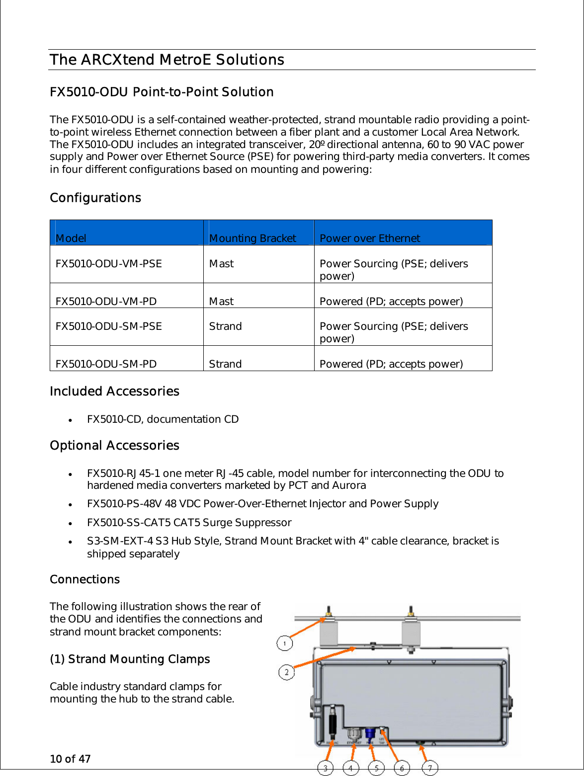 10 of 47 The ARCXtend MetroE Solutions FX5010-ODU Point-to-Point Solution The FX5010-ODU is a self-contained weather-protected, strand mountable radio providing a point-to-point wireless Ethernet connection between a fiber plant and a customer Local Area Network. The FX5010-ODU includes an integrated transceiver, 20º directional antenna, 60 to 90 VAC power supply and Power over Ethernet Source (PSE) for powering third-party media converters. It comes in four different configurations based on mounting and powering:  Configurations Model  Mounting Bracket  Power over Ethernet FX5010-ODU-VM-PSE  Mast   Power Sourcing (PSE; delivers power) FX5010-ODU-VM-PD  Mast  Powered (PD; accepts power) FX5010-ODU-SM-PSE  Strand  Power Sourcing (PSE; delivers power) FX5010-ODU-SM-PD  Strand  Powered (PD; accepts power) Included Accessories •  FX5010-CD, documentation CD Optional Accessories  •  FX5010-RJ45-1 one meter RJ-45 cable, model number for interconnecting the ODU to hardened media converters marketed by PCT and Aurora •  FX5010-PS-48V 48 VDC Power-Over-Ethernet Injector and Power Supply •  FX5010-SS-CAT5 CAT5 Surge Suppressor •  S3-SM-EXT-4 S3 Hub Style, Strand Mount Bracket with 4&quot; cable clearance, bracket is shipped separatelyConnections The following illustration shows the rear of the ODU and identifies the connections and strand mount bracket components: (1) Strand Mounting Clamps Cable industry standard clamps for mounting the hub to the strand cable. 