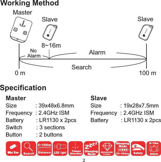 0m 100mSearch8~16mAlarmNoAlarmMasterSlave SlaveWorking MethodMasterSpecificationSlaveSize : 19x28x7.5mmFrequency : 2.4GHz ISMBattery : LR1130 x 2pcs2Size : 39x48x6.8mmFrequency : 2.4GHz ISMBattery : LR1130 x 2pcsSwitch : 3 sectionsButton : 2 buttons8~16mAlarmTridentDirectionZZZZSleepingModeSleepingMode