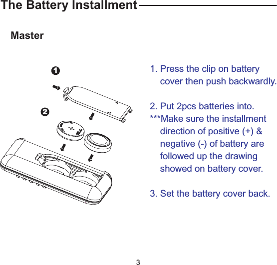 The Battery InstallmentMaster121. Press the clip on batterycover then push backwardly.2. Put 2pcs batteries into.***Make sure the installmentdirection of positive (+) &amp;negative (-) of battery arefollowed up the drawingshowed on battery cover.3. Set the battery cover back.3