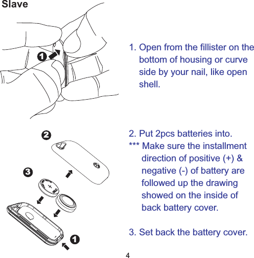 Slave1231. Open from the fillister on thebottom of housing or curveside by your nail, like openshell.2. Put 2pcs batteries into.*** Make sure the installmentdirection of positive (+) &amp;negative (-) of battery arefollowed up the drawingshowed on the inside ofback battery cover.3. Set back the battery cover.14
