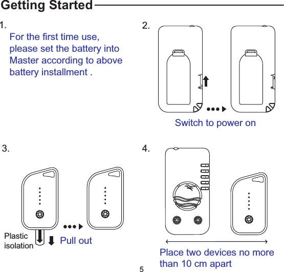 Switch to power on2.1.For the first time use,please set the battery intoMaster according to abovebattery installment .Getting StartedPlasticisolation Pull out3.Place two devices no morethan 10 cm apart4.5