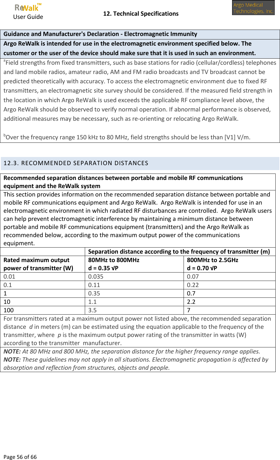     User Guide    12. Technical Specifications  Page 56 of 66  Guidance and Manufacturer&apos;s Declaration - Electromagnetic Immunity Argo ReWalk is intended for use in the electromagnetic environment specified below. The customer or the user of the device should make sure that it is used in such an environment. aField strengths from fixed transmitters, such as base stations for radio (cellular/cordless) telephones and land mobile radios, amateur radio, AM and FM radio broadcasts and TV broadcast cannot be predicted theoretically with accuracy. To access the electromagnetic environment due to fixed RF transmitters, an electromagnetic site survey should be considered. If the measured field strength in the location in which Argo ReWalk is used exceeds the applicable RF compliance level above, the Argo ReWalk should be observed to verify normal operation. If abnormal performance is observed, additional measures may be necessary, such as re-orienting or relocating Argo ReWalk.  bOver the frequency range 150 kHz to 80 MHz, field strengths should be less than [V1] V/m.  12.3. RECOMMENDED SEPARATION DISTANCES Recommended separation distances between portable and mobile RF communications equipment and the ReWalk system This section provides information on the recommended separation distance between portable and mobile RF communications equipment and Argo ReWalk.  Argo ReWalk is intended for use in an electromagnetic environment in which radiated RF disturbances are controlled.  Argo ReWalk users can help prevent electromagnetic interference by maintaining a minimum distance between portable and mobile RF communications equipment (transmitters) and the Argo ReWalk as recommended below, according to the maximum output power of the communications equipment.  Separation distance according to the frequency of transmitter (m) Rated maximum output power of transmitter (W) 80MHz to 800MHz d = 0.35 √P 800MHz to 2.5GHz d = 0.70 √P 0.01 0.035 0.07 0.1 0.11 0.22 1 0.35 0.7 10 1.1 2.2 100 3.5 7 For transmitters rated at a maximum output power not listed above, the recommended separation distance  d in meters (m) can be estimated using the equation applicable to the frequency of the transmitter, where  p is the maximum output power rating of the transmitter in watts (W) according to the transmitter  manufacturer. NOTE: At 80 MHz and 800 MHz, the separation distance for the higher frequency range applies. NOTE: These guidelines may not apply in all situations. Electromagnetic propagation is affected by absorption and reflection from structures, objects and people.      