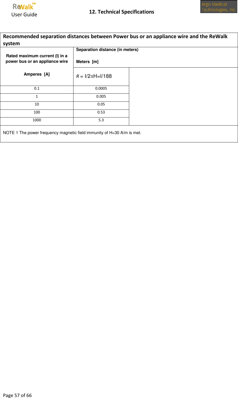     User Guide    12. Technical Specifications  Page 57 of 66   Recommended separation distances between Power bus or an appliance wire and the ReWalk system Rated maximum current (I) in a power bus or an appliance wire  Amperes  [A] Separation distance (in meters) Meters  [m] R = I/2H=I/188  0.1 0.0005  1 0.005 10 0.05 100 0.53 1000 5.3  NOTE 1 The power frequency magnetic field immunity of H=30 A/m is met.   