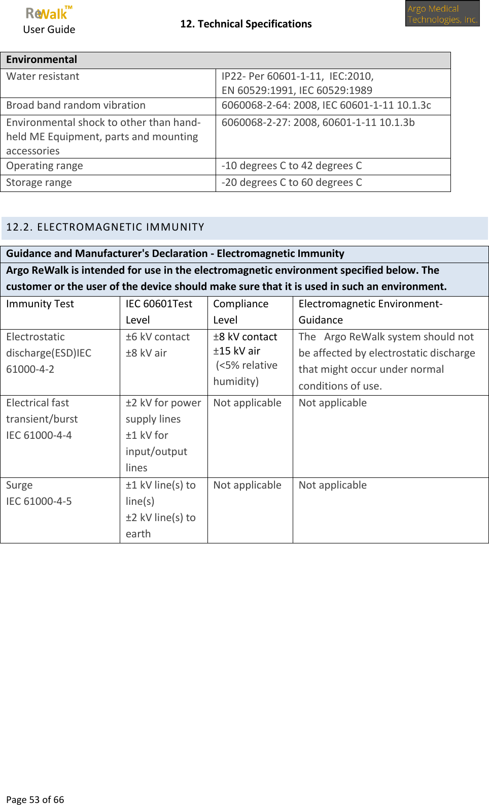     User Guide    12. Technical Specifications  Page 53 of 66  Environmental Water resistant IP22- Per 60601-1-11,  IEC:2010,  EN 60529:1991, IEC 60529:1989 Broad band random vibration 6060068-2-64: 2008, IEC 60601-1-11 10.1.3c Environmental shock to other than hand-held ME Equipment, parts and mounting accessories  6060068-2-27: 2008, 60601-1-11 10.1.3b  Operating range -10 degrees C to 42 degrees C Storage range -20 degrees C to 60 degrees C  12.2. ELECTROMAGNETIC IMMUNITY Guidance and Manufacturer&apos;s Declaration - Electromagnetic Immunity Argo ReWalk is intended for use in the electromagnetic environment specified below. The customer or the user of the device should make sure that it is used in such an environment. Immunity Test IEC 60601Test Level Compliance Level Electromagnetic Environment- Guidance Electrostatic discharge(ESD)IEC 61000-4-2 ±6 kV contact ±8 kV air ±8 kV contact ±15 kV air  (&lt;5% relative humidity) The   Argo ReWalk system should not be affected by electrostatic discharge that might occur under normal conditions of use. Electrical fast transient/burst IEC 61000-4-4 ±2 kV for power supply lines ±1 kV for input/output lines Not applicable  Not applicable  Surge IEC 61000-4-5 ±1 kV line(s) to line(s) ±2 kV line(s) to earth Not applicable  Not applicable 