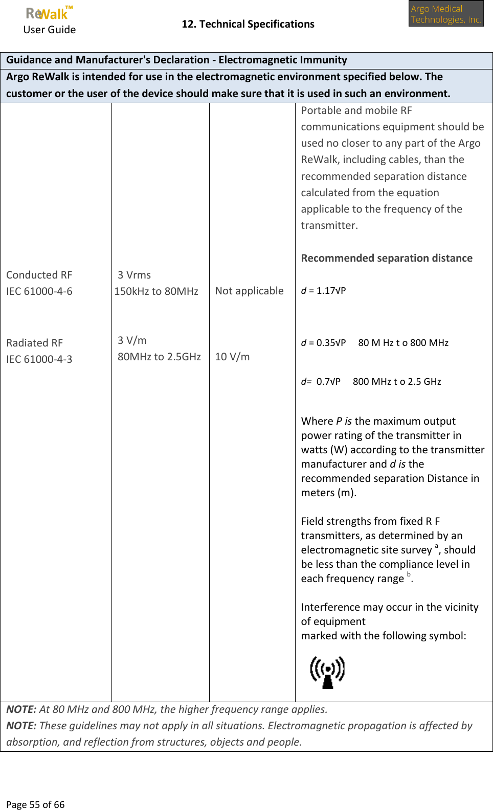     User Guide    12. Technical Specifications  Page 55 of 66  Guidance and Manufacturer&apos;s Declaration - Electromagnetic Immunity Argo ReWalk is intended for use in the electromagnetic environment specified below. The customer or the user of the device should make sure that it is used in such an environment.           Conducted RF IEC 61000-4-6   Radiated RF IEC 61000-4-3           3 Vrms   150kHz to 80MHz   3 V/m   80MHz to 2.5GHz           Not applicable    10 V/m Portable and mobile RF communications equipment should be used no closer to any part of the Argo ReWalk, including cables, than the recommended separation distance calculated from the equation applicable to the frequency of the transmitter.    Recommended separation distance  d = 1.17√P    d = 0.35√P     80 M Hz t o 800 MHz   d=  0.7√P     800 MHz t o 2.5 GHz   Where P is the maximum output power rating of the transmitter in watts (W) according to the transmitter manufacturer and d is the recommended separation Distance in meters (m).  Field strengths from fixed R F transmitters, as determined by an electromagnetic site survey a, should be less than the compliance level in each frequency range b.  Interference may occur in the vicinity of equipment marked with the following symbol:      NOTE: At 80 MHz and 800 MHz, the higher frequency range applies. NOTE: These guidelines may not apply in all situations. Electromagnetic propagation is affected by absorption, and reflection from structures, objects and people. 