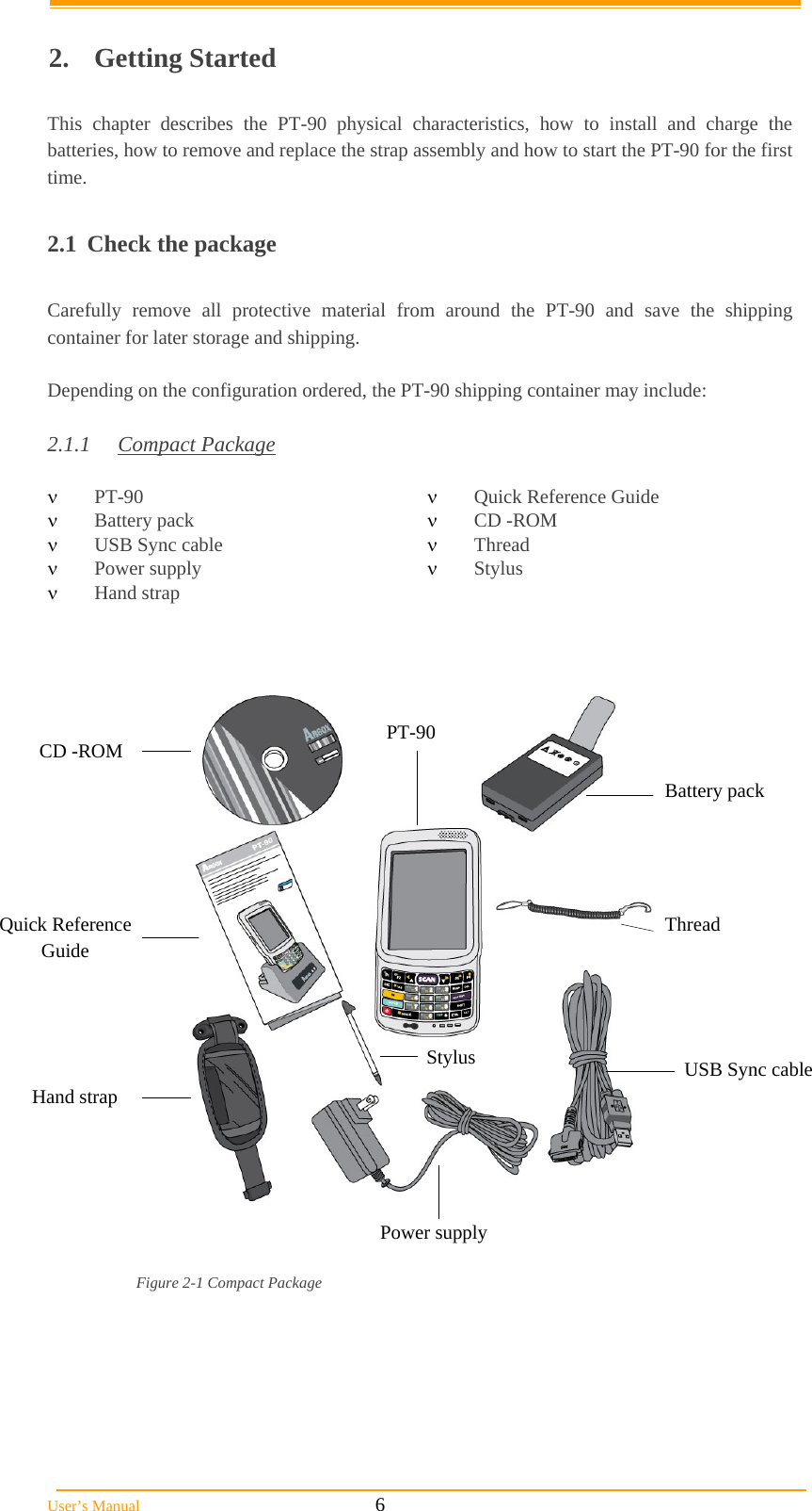  User’s Manual                                                            6  2. Getting Started  This chapter describes the PT-90 physical characteristics, how to install and charge the batteries, how to remove and replace the strap assembly and how to start the PT-90 for the first time.  2.1  Check the package  Carefully remove all protective material from around the PT-90 and save the shipping container for later storage and shipping.   Depending on the configuration ordered, the PT-90 shipping container may include:  2.1.1 Compact Package   PT-90   Quick Reference Guide  Battery pack   CD -ROM  USB Sync cable   Thread  Power supply   Stylus  Hand strap       Figure 2-1 Compact Package Battery pack Thread USB Sync cablePower supply Hand strapStylus Quick Reference Guide CD -ROM PT-90 