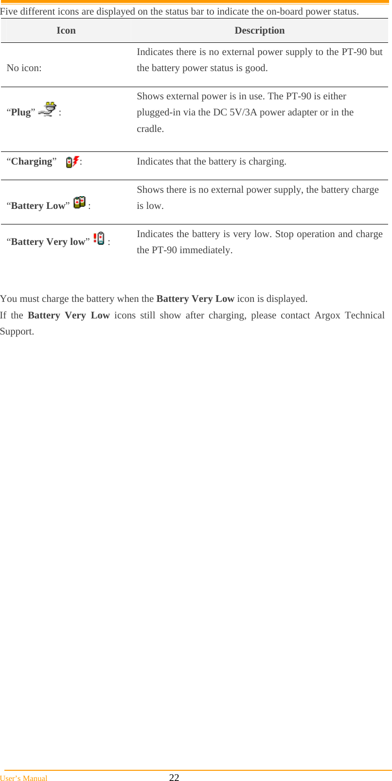  User’s Manual                                                            22 Five different icons are displayed on the status bar to indicate the on-board power status. Icon  Description  No icon:   Indicates there is no external power supply to the PT-90 but the battery power status is good.  “Plug”  :   Shows external power is in use. The PT-90 is either plugged-in via the DC 5V/3A power adapter or in the cradle.  “Charging”         :  Indicates that the battery is charging.  “Battery Low”  :  Shows there is no external power supply, the battery charge is low.  “Battery Very low”       :  Indicates the battery is very low. Stop operation and charge the PT-90 immediately.   You must charge the battery when the Battery Very Low icon is displayed.  If the Battery Very Low icons still show after charging, please contact Argox Technical Support.  