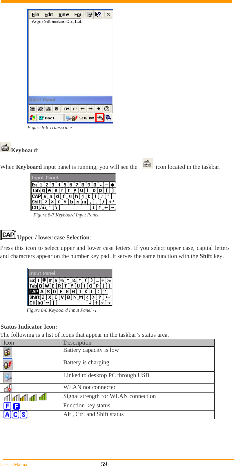  User’s Manual                                                            59   Figure 8-6 Transcriber  Keyboard:  When Keyboard input panel is running, you will see the     icon located in the taskbar.       Figure 8-7 Keyboard Input Panel   Upper / lower case Selection: Press this icon to select upper and lower case letters. If you select upper case, capital letters and characters appear on the number key pad. It serves the same function with the Shift key.   Figure 8-8 Keyboard Input Panel -1  Status Indicator Icon: The following is a list of icons that appear in the taskbar’s status area. Icon  Description  Battery capacity is low  Battery is charging  Linked to desktop PC through USB  WLAN not connected  Signal strength for WLAN connection     Function key status  Alt , Ctrl and Shift status  