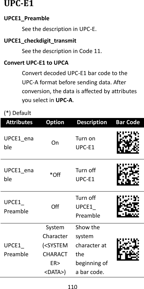 110  UPC-E1 UPCE1_Preamble See the description in UPC-E. UPCE1_checkdigit_transmit See the description in Code 11. Convert UPC-E1 to UPCA Convert decoded UPC-E1 bar code to the UPC-A format before sending data. After conversion, the data is affected by attributes you select in UPC-A. (*) Default Attributes Option Description Bar Code UPCE1_enable On Turn on UPC-E1  UPCE1_enable *Off Turn off UPC-E1  UPCE1_ Preamble Off Turn off UPCE1_ Preamble  UPCE1_ Preamble System Character (&lt;SYSTEM CHARACTER&gt; &lt;DATA&gt;) Show the system character at the beginning of a bar code.  