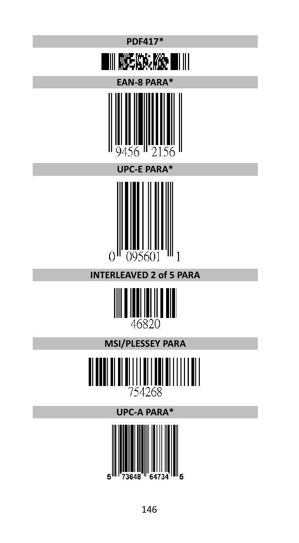 146  PDF417*  EAN-8 PARA*  UPC-E PARA*  INTERLEAVED 2 of 5 PARA  MSI/PLESSEY PARA  UPC-A PARA*   