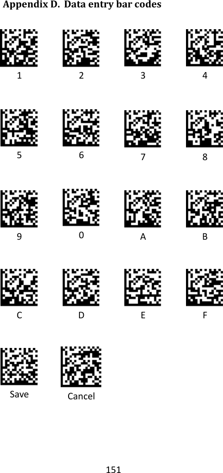 151  Appendix D. Data entry bar codes   1    2    3    4    5    6    7    8    9    0    A    B    C    D    E    F    Save   Cancel    