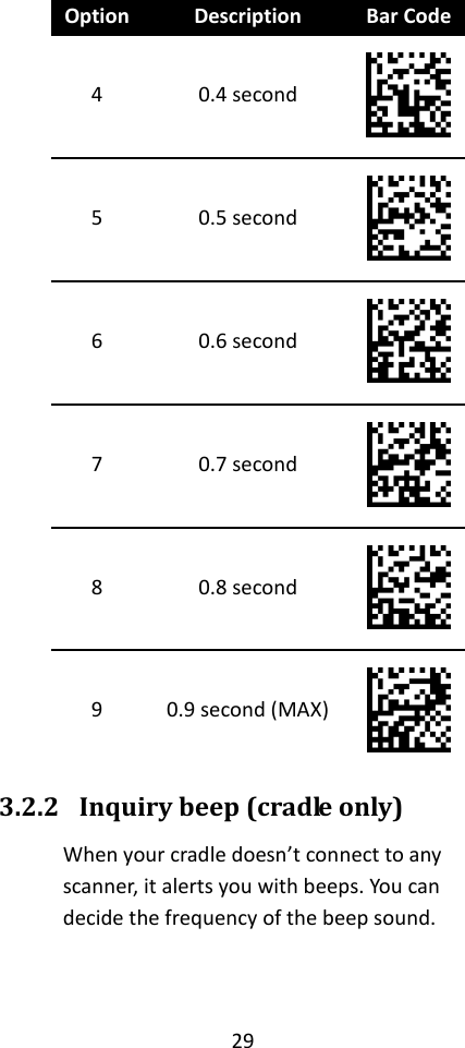 29  Option Description Bar Code 4 0.4 second  5 0.5 second  6 0.6 second  7 0.7 second  8 0.8 second  9 0.9 second (MAX)  3.2.2 Inquiry beep (cradle only) When your cradle doesn’t connect to any scanner, it alerts you with beeps. You can decide the frequency of the beep sound.   