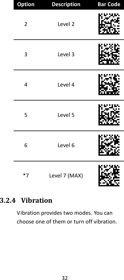 32  Option Description Bar Code 2 Level 2  3 Level 3  4 Level 4  5 Level 5  6 Level 6  *7 Level 7 (MAX)  3.2.4 Vibration Vibration provides two modes. You can choose one of them or turn off vibration.     