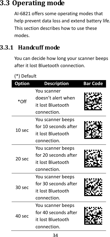 34  3.3 Operating mode AI-6821 offers some operating modes that help prevent data loss and extend battery life. This section describes how to use these modes. 3.3.1 Handcuff mode You can decide how long your scanner beeps after it lost Bluetooth connection. (*) Default Option Description Bar Code *Off You scanner doesn’t alert when it lost Bluetooth connection.  10 sec You scanner beeps for 10 seconds after it lost Bluetooth connection.  20 sec You scanner beeps for 20 seconds after it lost Bluetooth connection.  30 sec You scanner beeps for 30 seconds after it lost Bluetooth connection.  40 sec You scanner beeps for 40 seconds after it lost Bluetooth connection.  