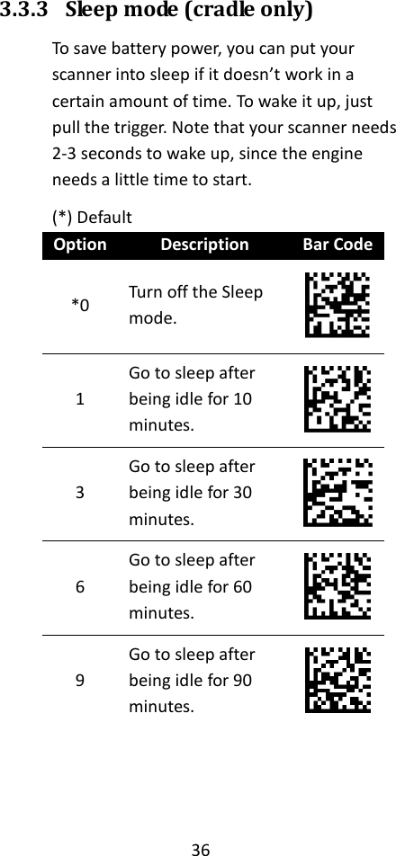 36  3.3.3 Sleep mode (cradle only) To save battery power, you can put your scanner into sleep if it doesn’t work in a certain amount of time. To wake it up, just pull the trigger. Note that your scanner needs 2-3 seconds to wake up, since the engine needs a little time to start. (*) Default Option Description Bar Code *0 Turn off the Sleep mode.  1 Go to sleep after being idle for 10 minutes.  3 Go to sleep after being idle for 30 minutes.  6 Go to sleep after being idle for 60 minutes.  9 Go to sleep after being idle for 90 minutes.   