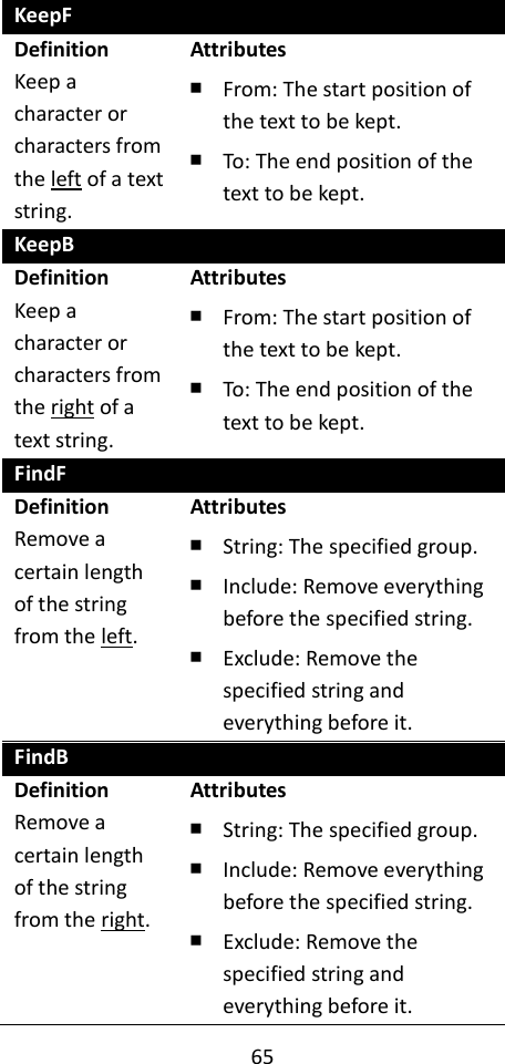 65  KeepF Definition Keep a character or characters from the left of a text string. Attributes ￭ From: The start position of the text to be kept. ￭ To: The end position of the text to be kept. KeepB Definition Keep a character or characters from the right of a text string. Attributes ￭ From: The start position of the text to be kept. ￭ To: The end position of the text to be kept. FindF Definition Remove a certain length of the string from the left. Attributes ￭ String: The specified group. ￭ Include: Remove everything before the specified string. ￭ Exclude: Remove the specified string and everything before it. FindB Definition Remove a certain length of the string from the right. Attributes ￭ String: The specified group. ￭ Include: Remove everything before the specified string. ￭ Exclude: Remove the specified string and everything before it. 