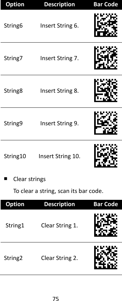 75  Option Description Bar Code String6 Insert String 6.  String7 Insert String 7.  String8 Insert String 8.  String9 Insert String 9.  String10 Insert String 10.  ￭ Clear strings To clear a string, scan its bar code. Option Description Bar Code String1 Clear String 1.  String2 Clear String 2.  