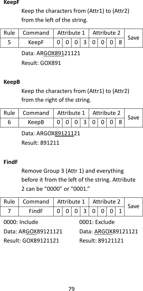 79  KeepF Keep the characters from (Attr1) to (Attr2) from the left of the string. Rule Command Attribute 1 Attribute 2 Save 5 KeepF 0 0 0 3 0 0 0 8 Data: ARGOX89121121 Result: GOX891  KeepB Keep the characters from (Attr1) to (Attr2) from the right of the string. Rule Command Attribute 1 Attribute 2 Save 6 KeepB 0 0 0 3 0 0 0 8 Data: ARGOX89121121 Result: 891211  FindF Remove Group 3 (Attr 1) and everything before it from the left of the string. Attribute 2 can be “0000” or “0001.” Rule Command Attribute 1 Attribute 2 Save 7 FindF 0 0 0 3 0 0 0 1 0000: Include      0001: Exclude Data: ARGOX89121121   Data: ARGOX89121121 Result: GOX89121121    Result: 89121121    