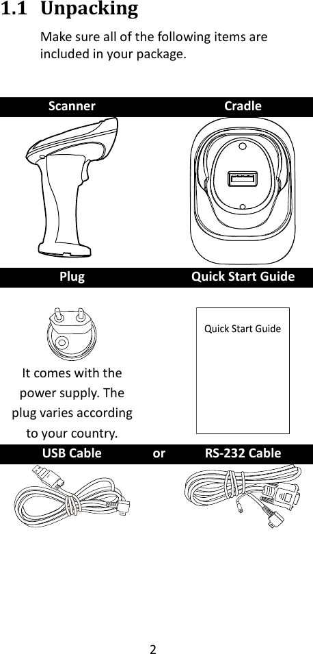 2  1.1 Unpacking Make sure all of the following items are included in your package.  Scanner  Cradle    Plug  Quick Start Guide     It comes with the power supply. The plug varies according to your country.    USB Cable or RS-232 Cable           