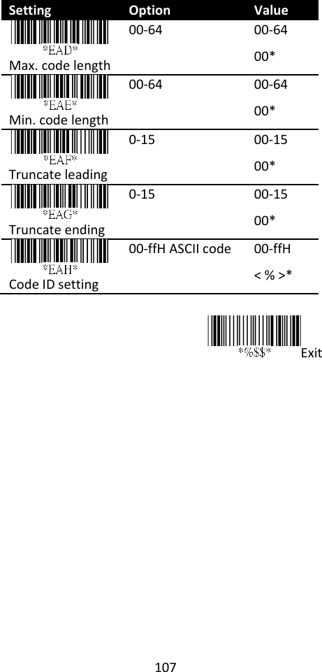 107  Setting Option Value  Max. code length 00-64 00-64 00*  Min. code length 00-64 00-64 00*  Truncate leading 0-15 00-15 00*  Truncate ending 0-15 00-15 00*  Code ID setting 00-ffH ASCII code 00-ffH &lt; % &gt;*  Exit                 