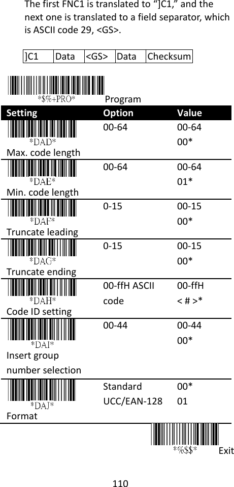 110  The first FNC1 is translated to “]C1,” and the next one is translated to a field separator, which is ASCII code 29, &lt;GS&gt;.  ]C1 Data &lt;GS&gt; Data Checksum  Program Setting Option Value  Max. code length 00-64 00-64 00*  Min. code length 00-64 00-64 01*  Truncate leading 0-15 00-15 00*  Truncate ending 0-15 00-15 00*  Code ID setting 00-ffH ASCII code 00-ffH &lt; # &gt;*  Insert group number selection 00-44 00-44 00*  Format Standard UCC/EAN-128 00* 01 Exit  