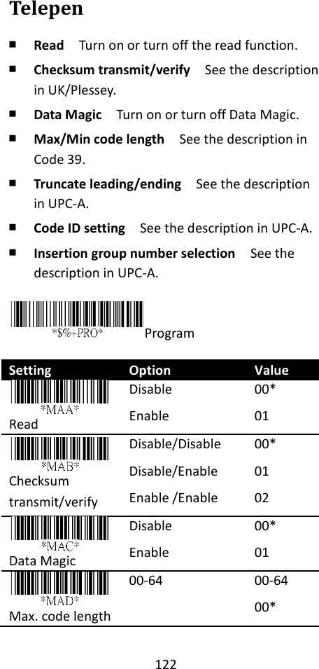 122  Telepen ￭ Read  Turn on or turn off the read function. ￭ Checksum transmit/verify  See the description in UK/Plessey. ￭ Data Magic  Turn on or turn off Data Magic. ￭ Max/Min code length  See the description in Code 39. ￭ Truncate leading/ending    See the description in UPC-A. ￭ Code ID setting  See the description in UPC-A. ￭ Insertion group number selection  See the description in UPC-A.  Program  Setting Option Value  Read Disable Enable 00* 01  Checksum transmit/verify Disable/Disable Disable/Enable Enable /Enable 00* 01 02      Data Magic Disable Enable 00* 01  Max. code length 00-64 00-64 00* 