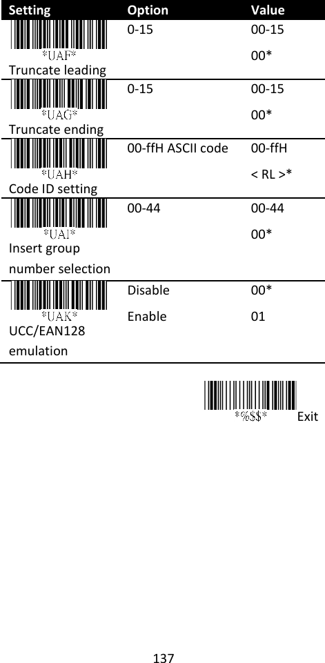 137  Setting Option Value  Truncate leading 0-15 00-15 00*  Truncate ending 0-15 00-15 00*  Code ID setting 00-ffH ASCII code 00-ffH   &lt; RL &gt;*  Insert group number selection 00-44 00-44 00*  UCC/EAN128 emulation Disable Enable 00* 01  Exit  